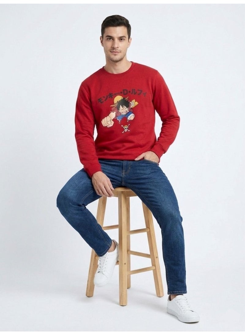 One Piece Men’s Anime Graphic Sweatshirt – Monkey D. Luffy Front & Back Print Red Crew Neck Pullover - Image 4
