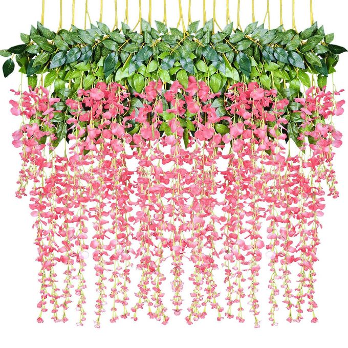 12 PACK 1 PIECE 36 FEET ARTIFICIAL FAKE WISTERIA VINE RATTA HANGING GARLAND SILK FLOWERS STRING HOME PARTY WEDDING DECOR PINK