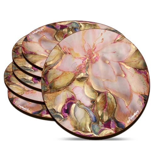 FirseBUY Coaster Set 6 Pcs Antique Floral Art MDF Wood Material Drink Coasters HeatResistant Round Coaster for Home and Kitchen Office Table Dining Table Home Decor 35 Inches - Image 1