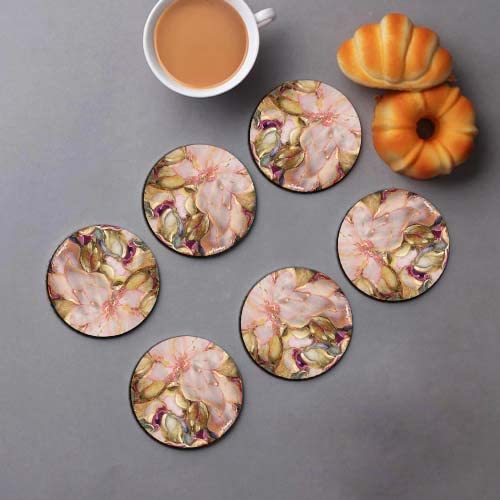 FirseBUY Coaster Set 6 Pcs Antique Floral Art MDF Wood Material Drink Coasters HeatResistant Round Coaster for Home and Kitchen Office Table Dining Table Home Decor 35 Inches - Image 4