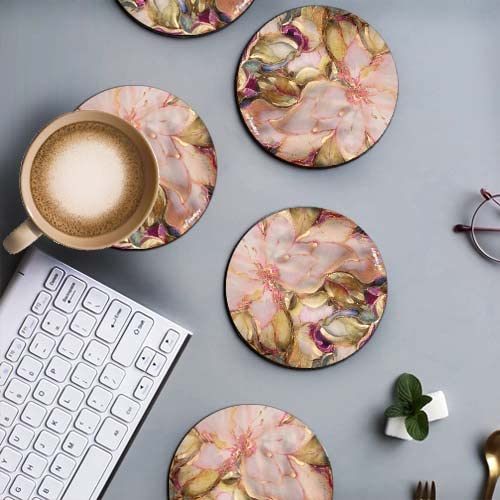 FirseBUY Coaster Set 6 Pcs Antique Floral Art MDF Wood Material Drink Coasters HeatResistant Round Coaster for Home and Kitchen Office Table Dining Table Home Decor 35 Inches - Image 3