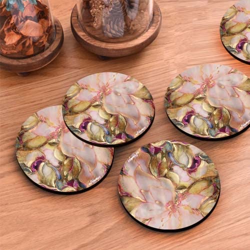 FirseBUY Coaster Set 6 Pcs Antique Floral Art MDF Wood Material Drink Coasters HeatResistant Round Coaster for Home and Kitchen Office Table Dining Table Home Decor 35 Inches - Image 2