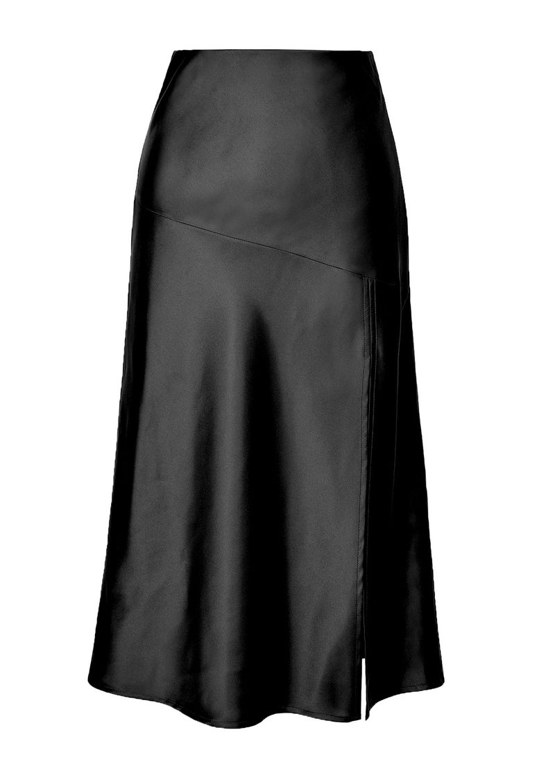 Loquat Women's Solid Color Satin Midi Skirt High Waist Swing Midi Skirt With Side Slit Black  - Image 3
