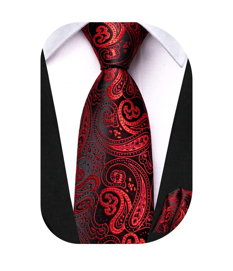Dubulle Ties for Boys Red Paisley Self Tie Silk Paisely Kids Necktie Pocket Square Set for Age 8-11 Graduation School Uniform - Image 1