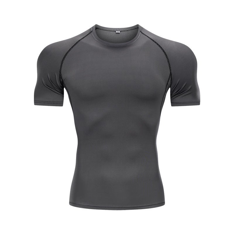 Generic Sports Fitness Clothes Mens Tight Quick-drying Short-sleeved Basketball Bottoming Football Running Training Fitness Compression Elastic T-shirt Grey