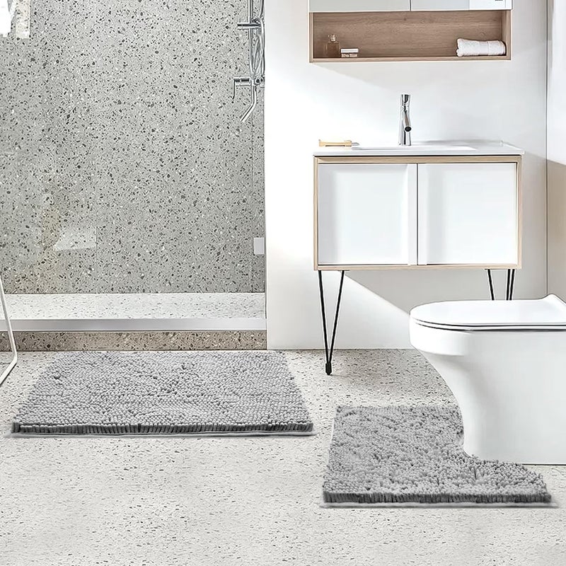 Flotstiga Bathroom Rugs Sets 2 Piece,Super Absorbent Soft,Thick,Machine Washable Chenille Bath Mat,Non Slip Toilet Floor Rug,Bath Mats for Bathroom,20x32 Plus 20x20 U Shape,Light Grey - Image 2