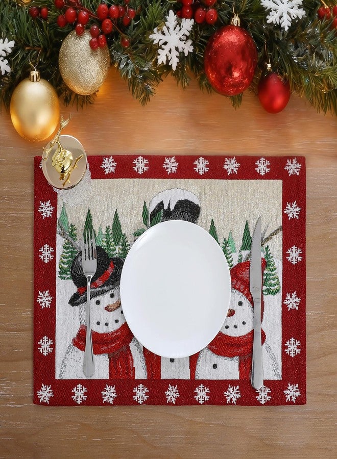 Randall Red/Yellow Rustic Vintage Christmas Placemats Snowman Family Winter Village Design Wrinkle & Dye Yard Jacquard Set of 4,Xmas Festive Party Supplies for Dining/Holiday Party,13x18 Inch - Image 2