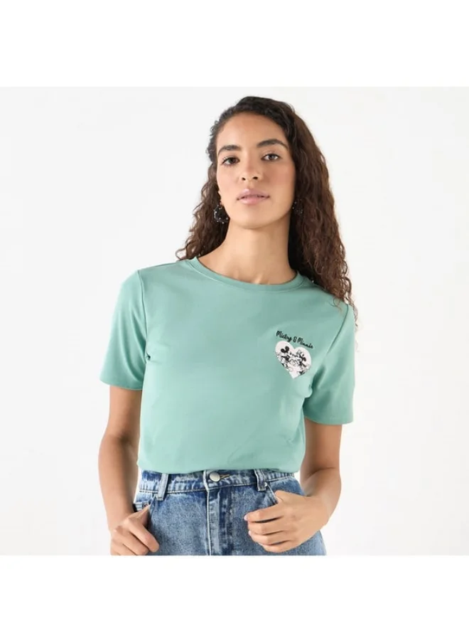 SP Characters Mickey and Minnie Print T-shirt with Crew Neck and Short Sleeves