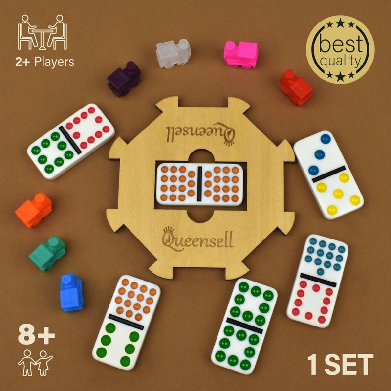 Queensell Mexican Train Dominoes Set Double 15 for Adults and Family, Mexican Train Double 15 Dominoes Set Colored Dot - 136 Tiles, 9 Trains, Wooden Hub, Aluminum Case (Double 15) - Image 5