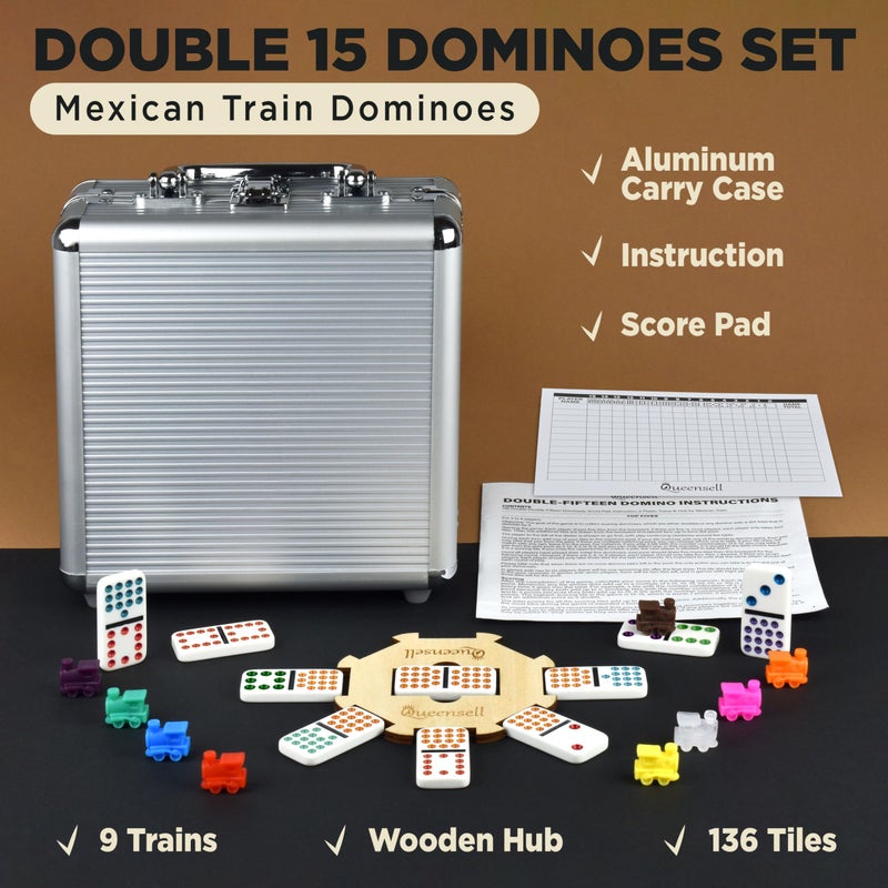 Queensell Mexican Train Dominoes Set Double 15 for Adults and Family, Mexican Train Double 15 Dominoes Set Colored Dot - 136 Tiles, 9 Trains, Wooden Hub, Aluminum Case (Double 15) - Image 2
