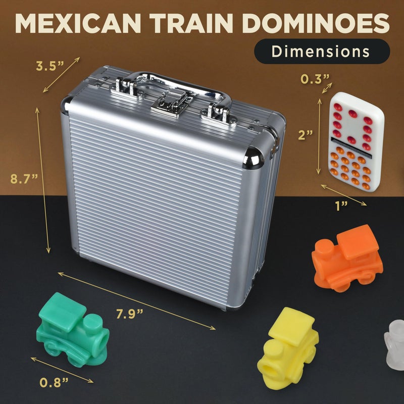Queensell Mexican Train Dominoes Set Double 15 for Adults and Family, Mexican Train Double 15 Dominoes Set Colored Dot - 136 Tiles, 9 Trains, Wooden Hub, Aluminum Case (Double 15) - Image 4