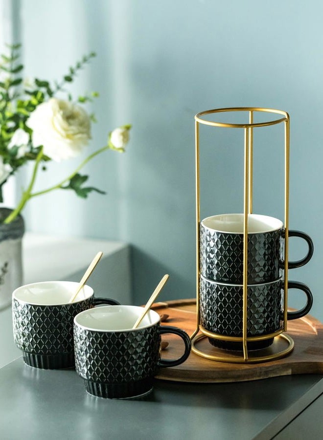 LYEOBOH Stackable Coffee Mugs Set of 4 with Rack & Spoons Coffee Mug Set 13 OZ., Ceramic Embossed Grinding Demitasse Cups Set Cappuccino Cup Halloween for Coffee, Latte, Macchiato, Espresso, Black - Image 5