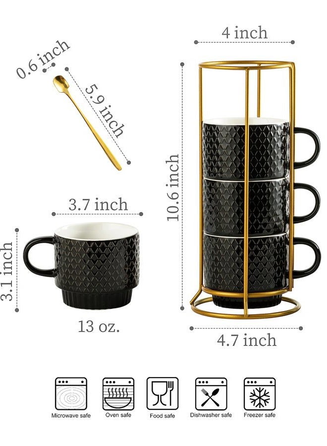 LYEOBOH Stackable Coffee Mugs Set of 4 with Rack & Spoons Coffee Mug Set 13 OZ., Ceramic Embossed Grinding Demitasse Cups Set Cappuccino Cup Halloween for Coffee, Latte, Macchiato, Espresso, Black - Image 2