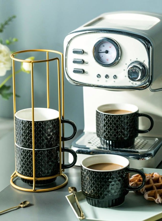 LYEOBOH Stackable Coffee Mugs Set of 4 with Rack & Spoons Coffee Mug Set 13 OZ., Ceramic Embossed Grinding Demitasse Cups Set Cappuccino Cup Halloween for Coffee, Latte, Macchiato, Espresso, Black - Image 3