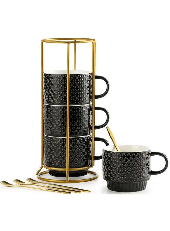LYEOBOH Stackable Coffee Mugs Set of 4 with Rack & Spoons Coffee Mug Set 13 OZ., Ceramic Embossed Grinding Demitasse Cups Set Cappuccino Cup Halloween for Coffee, Latte, Macchiato, Espresso, Black - Image 1