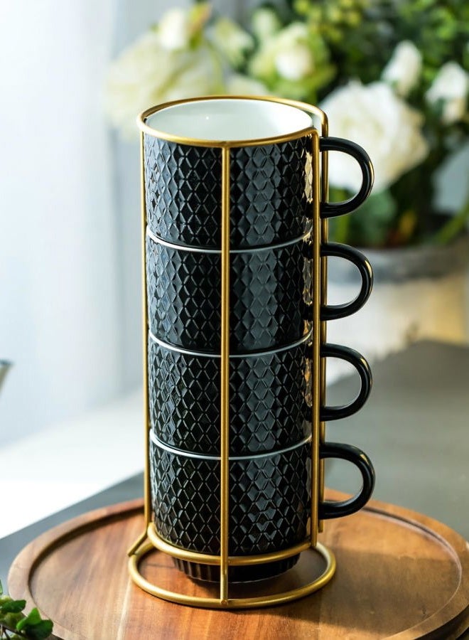 LYEOBOH Stackable Coffee Mugs Set of 4 with Rack & Spoons Coffee Mug Set 13 OZ., Ceramic Embossed Grinding Demitasse Cups Set Cappuccino Cup Halloween for Coffee, Latte, Macchiato, Espresso, Black - Image 4