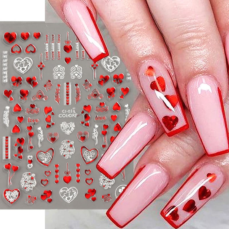 KASUWA Valentines Day Nail Art Stickers Decal Red Heart Nail Sticker Valentines Nail Decorations 3D Self-Adhesive Red White Rose Love Heart Lip Nail Design for Acylic Nail Manicure Decor 6sheets - Image 1
