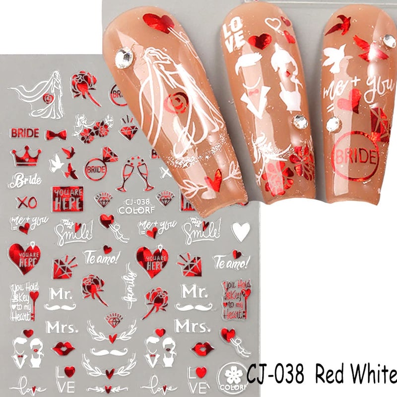KASUWA Valentines Day Nail Art Stickers Decal Red Heart Nail Sticker Valentines Nail Decorations 3D Self-Adhesive Red White Rose Love Heart Lip Nail Design for Acylic Nail Manicure Decor 6sheets - Image 3