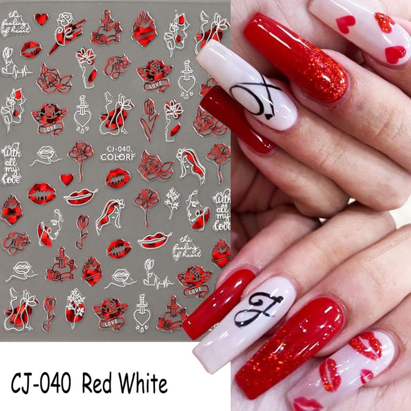 KASUWA Valentines Day Nail Art Stickers Decal Red Heart Nail Sticker Valentines Nail Decorations 3D Self-Adhesive Red White Rose Love Heart Lip Nail Design for Acylic Nail Manicure Decor 6sheets - Image 2