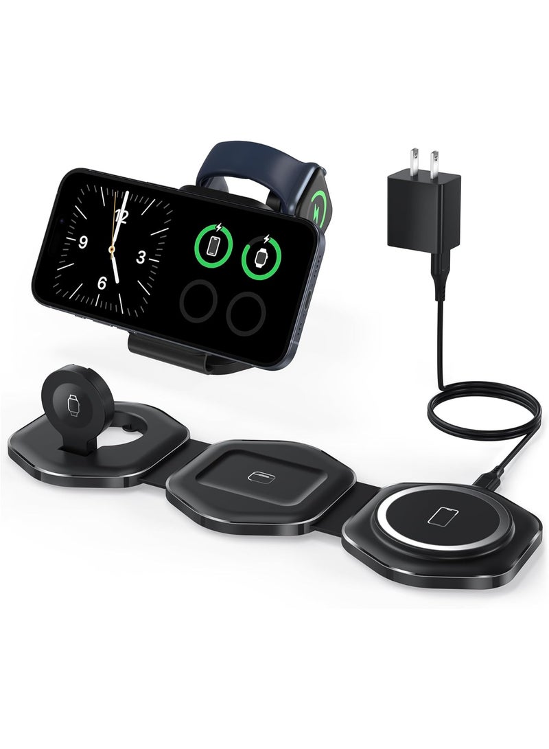 General 3 in 1 Wireless Charging Station for Apple MagSafe Charger, Foldable Magnetic Travel Charger for Multiple Devices iPhone 16 15 14 13 12 Series Apple Watch AirPods Pro Black  - Image 1