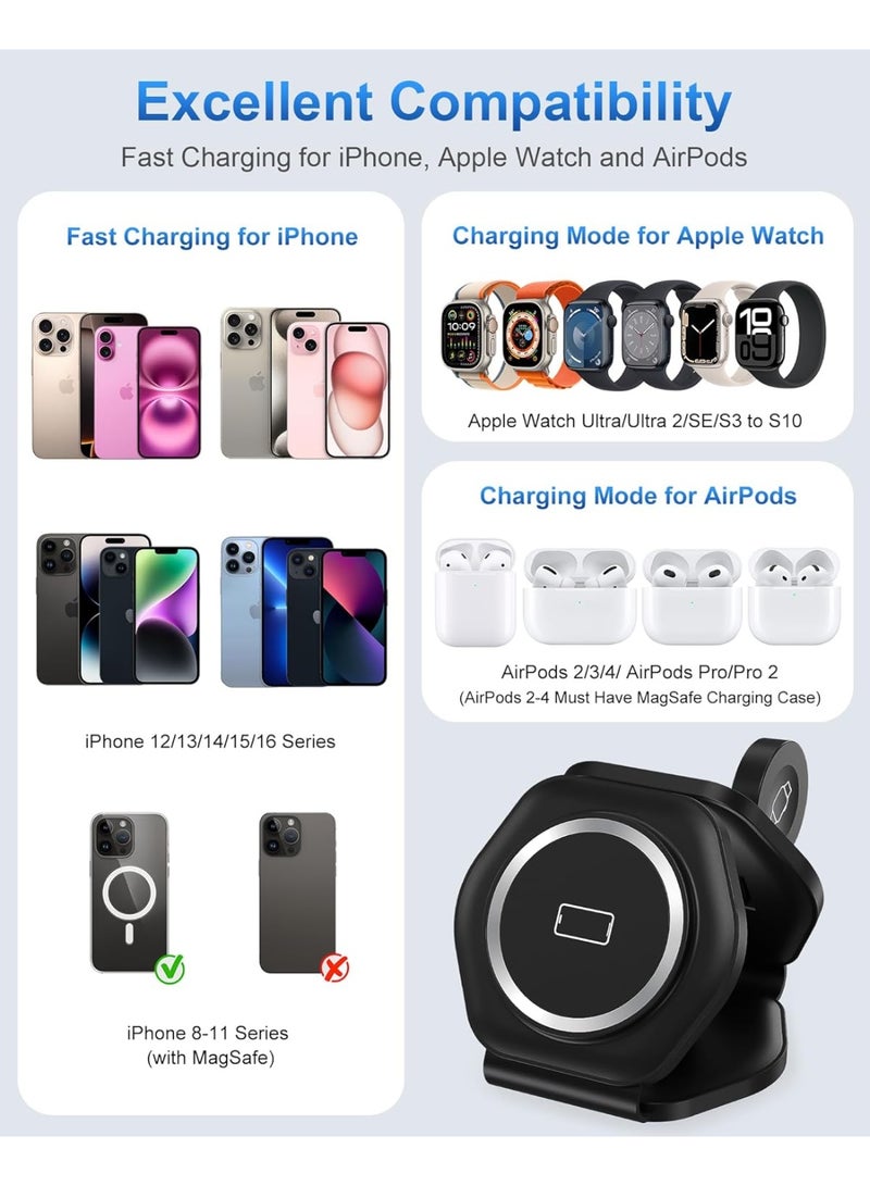 General 3 in 1 Wireless Charging Station for Apple MagSafe Charger, Foldable Magnetic Travel Charger for Multiple Devices iPhone 16 15 14 13 12 Series Apple Watch AirPods Pro Black  - Image 5