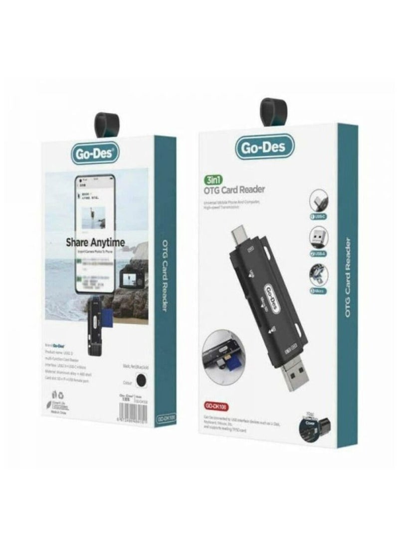 GO-DES - 3 In 1 Type-C Otg Extension High Speed Tf Memory Card Reader For Pc Computer Phone Black - Image 1
