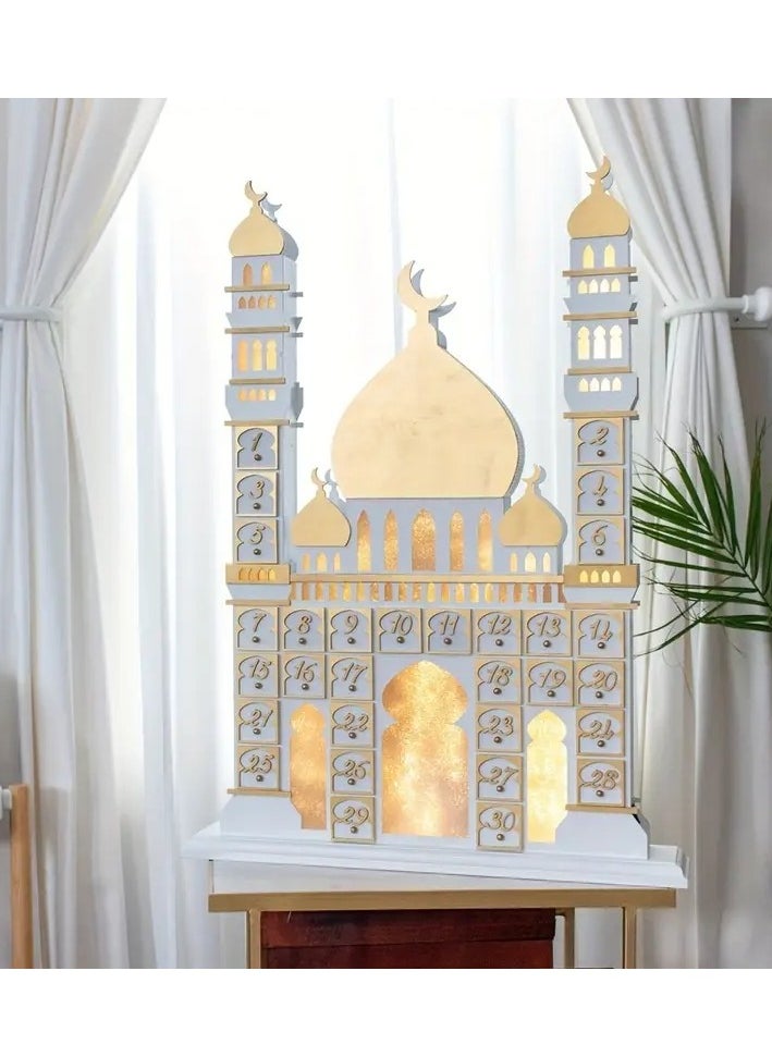 Home Care 1pc Wooden Eid Festival Castle Decoration - Vibrant LED Light Display, Functional Calendar, Spacious Cabinet, Beautiful Desktop Decoration, Exciting Countdown Feature - Perfect for Home Decor, Celebrate Ramadan with Style, Unique Window Decoration 32.8X52.5X5 cm  - Image 1