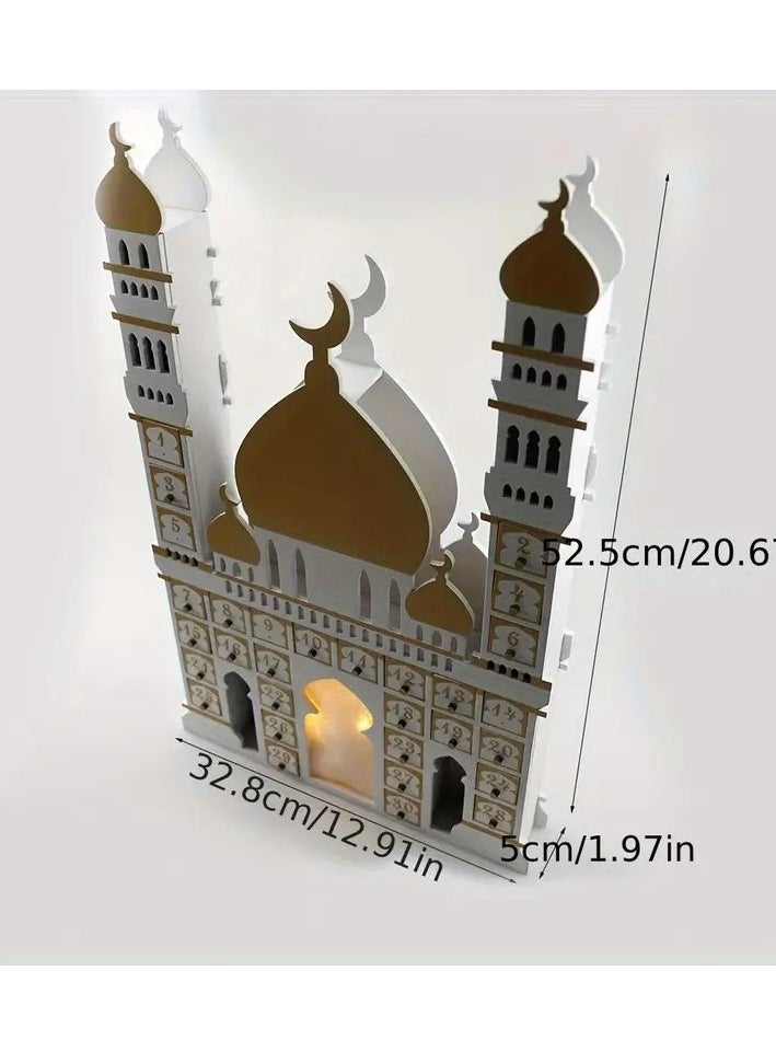 Home Care 1pc Wooden Eid Festival Castle Decoration - Vibrant LED Light Display, Functional Calendar, Spacious Cabinet, Beautiful Desktop Decoration, Exciting Countdown Feature - Perfect for Home Decor, Celebrate Ramadan with Style, Unique Window Decoration 32.8X52.5X5 cm  - Image 3