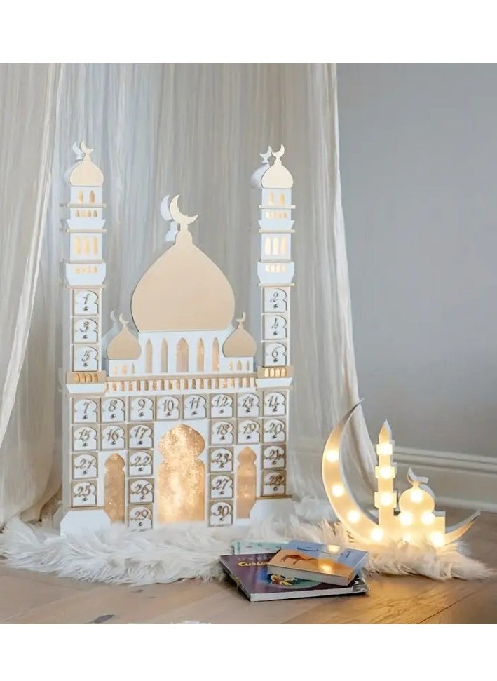 Home Care 1pc Wooden Eid Festival Castle Decoration - Vibrant LED Light Display, Functional Calendar, Spacious Cabinet, Beautiful Desktop Decoration, Exciting Countdown Feature - Perfect for Home Decor, Celebrate Ramadan with Style, Unique Window Decoration 32.8X52.5X5 cm  - Image 5