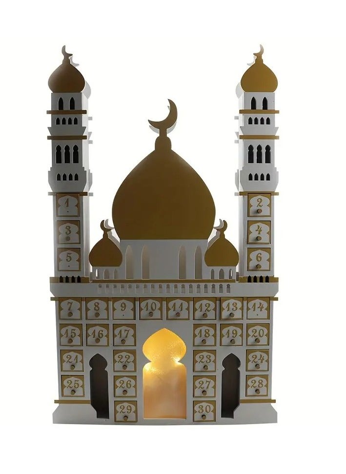 Home Care 1pc Wooden Eid Festival Castle Decoration - Vibrant LED Light Display, Functional Calendar, Spacious Cabinet, Beautiful Desktop Decoration, Exciting Countdown Feature - Perfect for Home Decor, Celebrate Ramadan with Style, Unique Window Decoration 32.8X52.5X5 cm  - Image 2