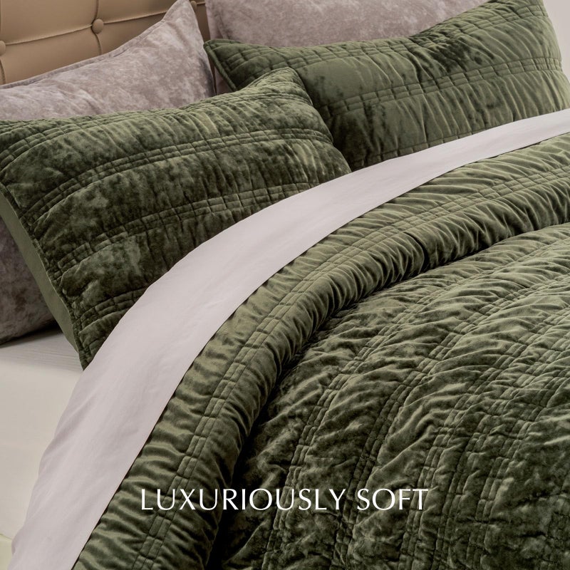 EVERGRACE Luxury Ruched Velvet Quilt Queen Size, Ultra Soft Bedspread Coverlet Set, Lightweight Velvet Comforter, Quilted Bedding Cover with 2 Matching Shams for All Season, Olive Green - Image 4