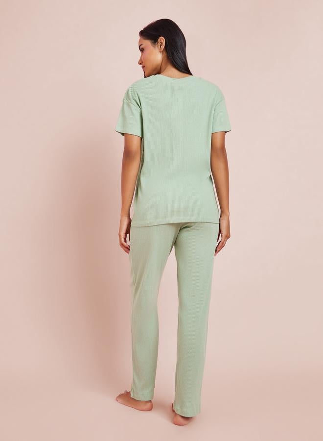 Styli Green Rib V Neck Drop Shoulder T-Shirt and Pyjama Set - Image 5