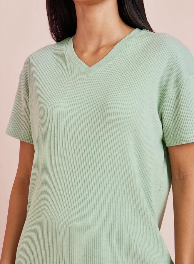 Styli Green Rib V Neck Drop Shoulder T-Shirt and Pyjama Set - Image 3