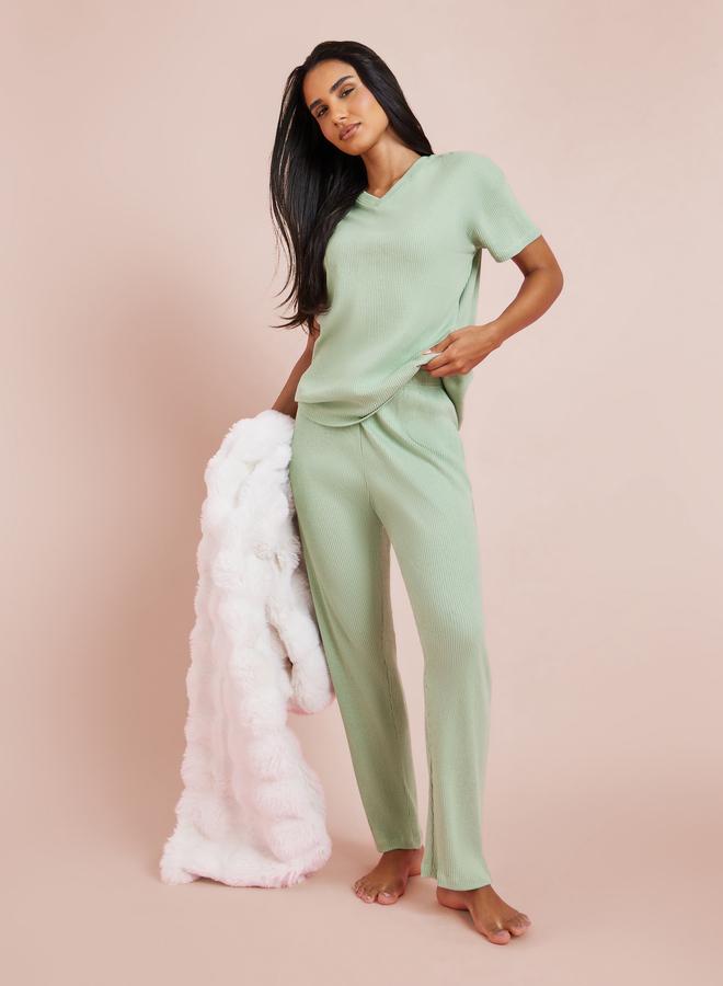 Styli Green Rib V Neck Drop Shoulder T-Shirt and Pyjama Set - Image 1