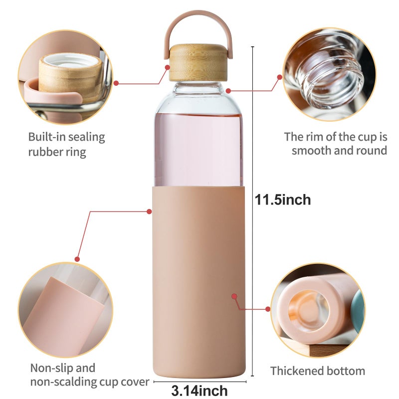 wangsdjy 34oz Glass Water Bottles with Silicone Sleeve, BPA Free Water Bottle Glass with Leak-Proof Lid, Reusable Water Bottle for Hot & Cold, Ideal for Hiking Travel Gym office (Pink) - Image 2