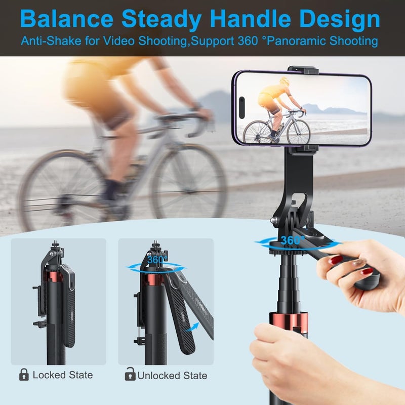 Hold Up Selfie Stick with Balance Handle & Recharable BT Remote, Stable 4 Leg Design, Selfie Stick with Tripod Stand for 360° Panoramic Shoot, 71" Long, Made for Phones, Ring Light, Gopro, Camera - Image 4