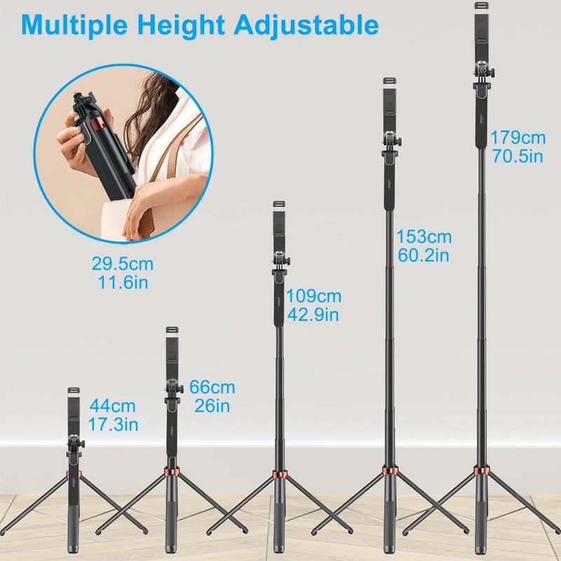 Hold Up Selfie Stick with Balance Handle & Recharable BT Remote, Stable 4 Leg Design, Selfie Stick with Tripod Stand for 360° Panoramic Shoot, 71" Long, Made for Phones, Ring Light, Gopro, Camera - Image 3