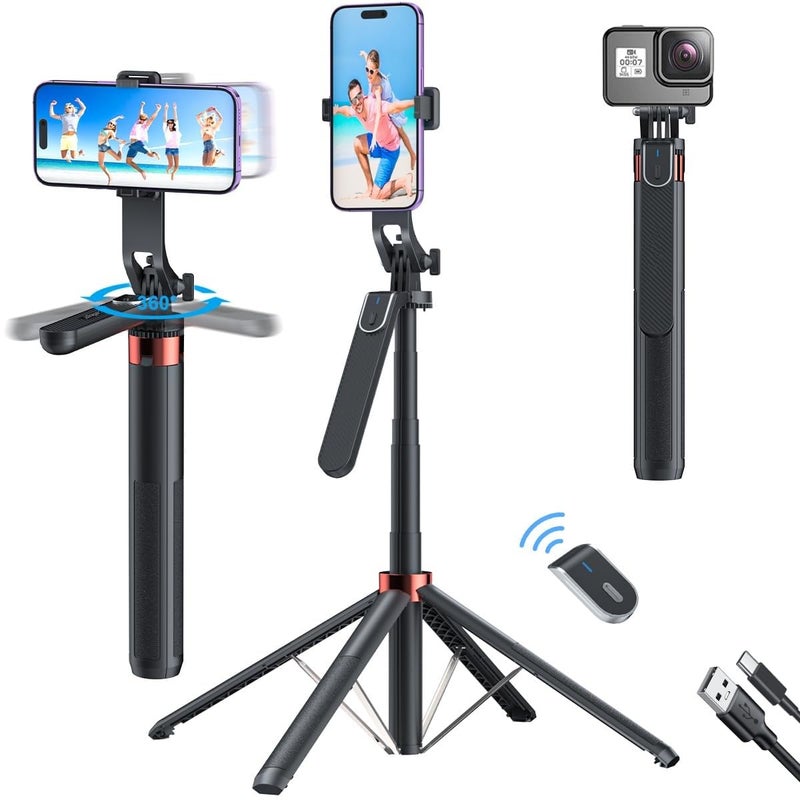 Hold Up Selfie Stick with Balance Handle & Recharable BT Remote, Stable 4 Leg Design, Selfie Stick with Tripod Stand for 360° Panoramic Shoot, 71" Long, Made for Phones, Ring Light, Gopro, Camera - Image 1