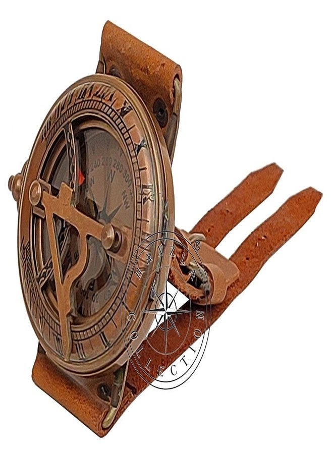 Hanzla Collection مجموعة هانزلا، ساعة شمسية عتيقة الطراز من النحاس الأصفر، مصنوعة يدويًا، مع سوار جلدي، وبوصلة، وساعة شمسية بحرية - Image 3