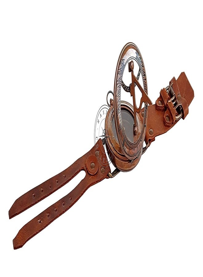 Hanzla Collection مجموعة هانزلا، ساعة شمسية عتيقة الطراز من النحاس الأصفر، مصنوعة يدويًا، مع سوار جلدي، وبوصلة، وساعة شمسية بحرية - Image 5