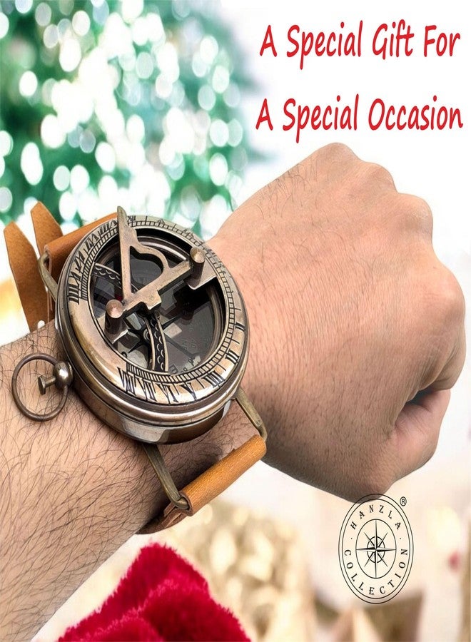 Hanzla Collection مجموعة هانزلا، ساعة شمسية عتيقة الطراز من النحاس الأصفر، مصنوعة يدويًا، مع سوار جلدي، وبوصلة، وساعة شمسية بحرية - Image 2