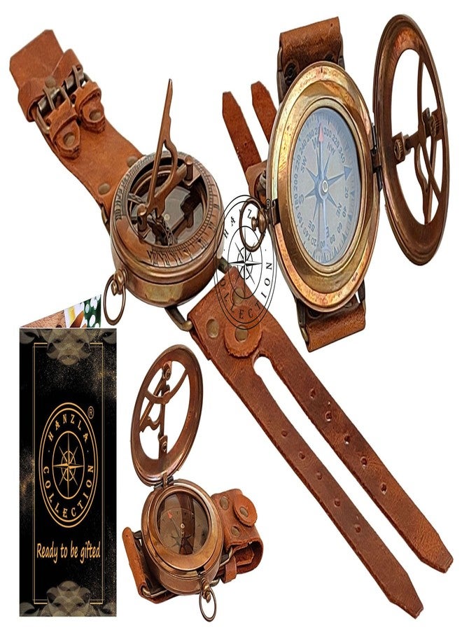 Hanzla Collection مجموعة هانزلا، ساعة شمسية عتيقة الطراز من النحاس الأصفر، مصنوعة يدويًا، مع سوار جلدي، وبوصلة، وساعة شمسية بحرية - Image 1