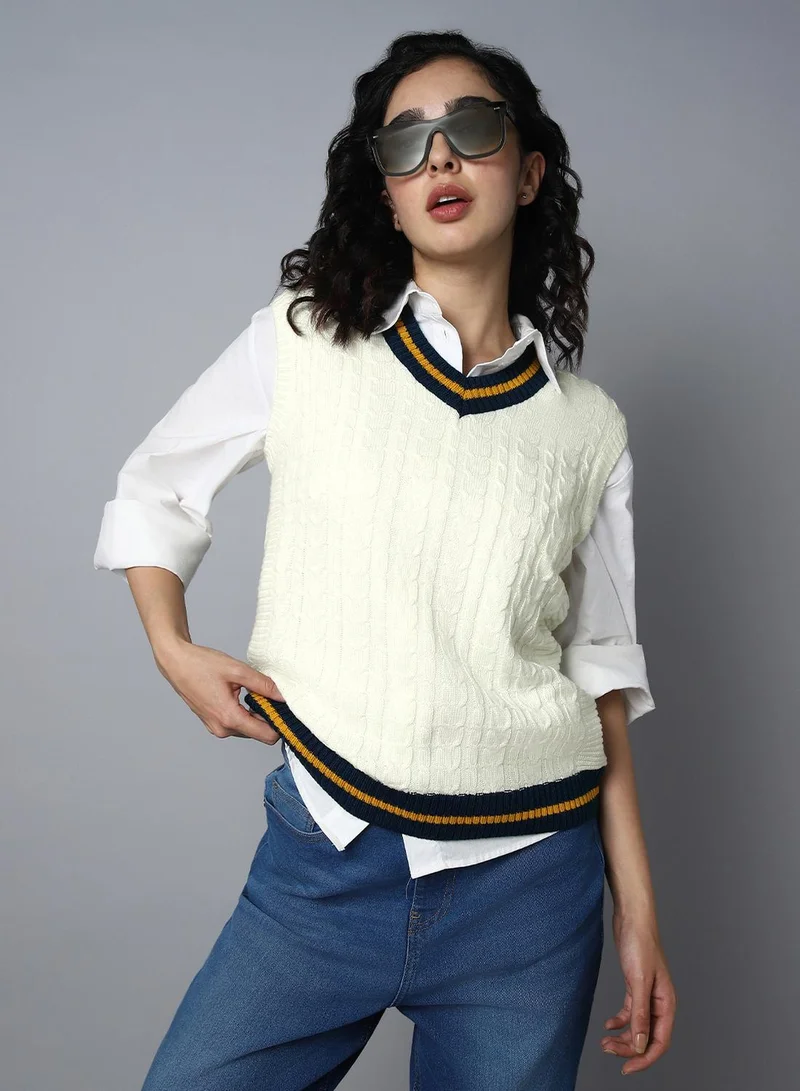 Women's White 100% Acrylic Regular Fit Sweater