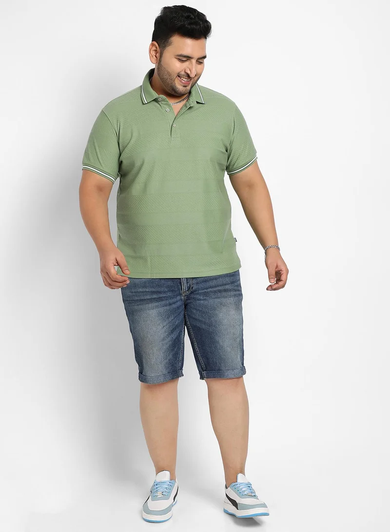 Instafab Plus Instafab Plus Men's Green Self-Design Horizontal Striped T-Shirt For Casual Wear | Spread Collar | Short Sleeve | Half-Button Closure | Polycotton T-Shirt Crafted With Comfort Fit For Everyday Wear