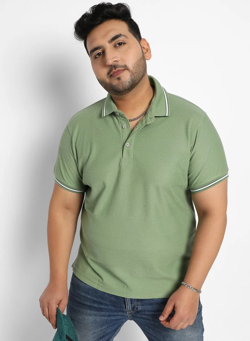 Instafab Plus Instafab Plus Men's Green Self-Design Horizontal Striped T-Shirt For Casual Wear | Spread Collar | Short Sleeve | Half-Button Closure | Polycotton T-Shirt Crafted With Comfort Fit For Everyday Wear