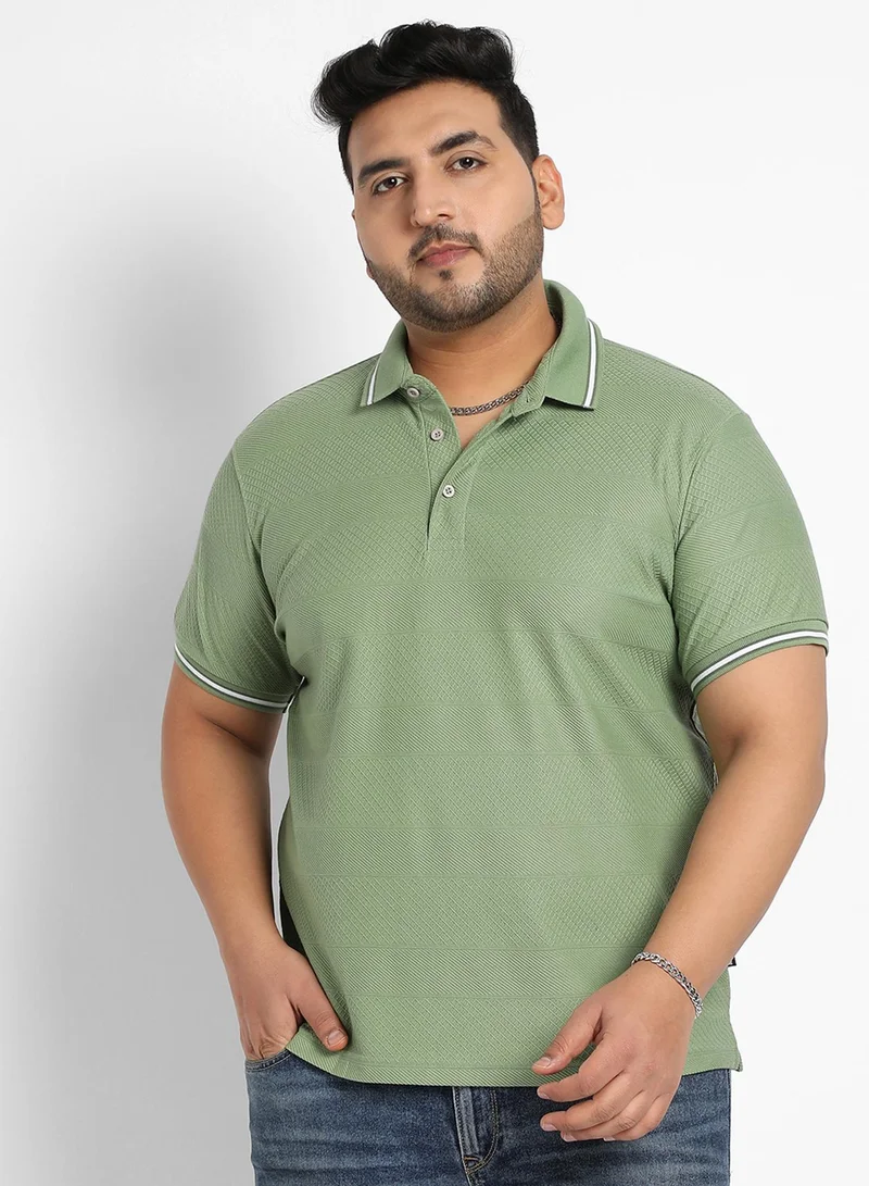 Instafab Plus Instafab Plus Men's Green Self-Design Horizontal Striped T-Shirt For Casual Wear | Spread Collar | Short Sleeve | Half-Button Closure | Polycotton T-Shirt Crafted With Comfort Fit For Everyday Wear