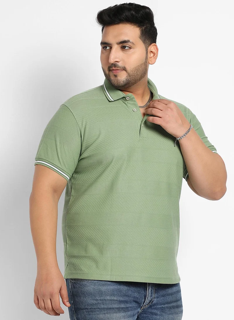 Instafab Plus Instafab Plus Men's Green Self-Design Horizontal Striped T-Shirt For Casual Wear | Spread Collar | Short Sleeve | Half-Button Closure | Polycotton T-Shirt Crafted With Comfort Fit For Everyday Wear