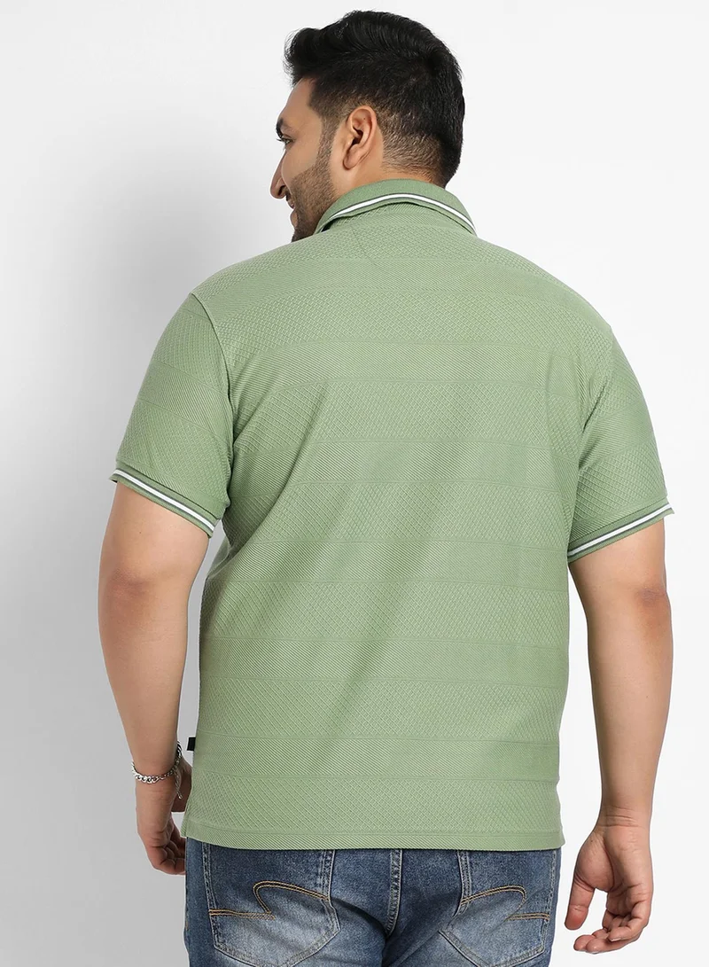 Instafab Plus Instafab Plus Men's Green Self-Design Horizontal Striped T-Shirt For Casual Wear | Spread Collar | Short Sleeve | Half-Button Closure | Polycotton T-Shirt Crafted With Comfort Fit For Everyday Wear
