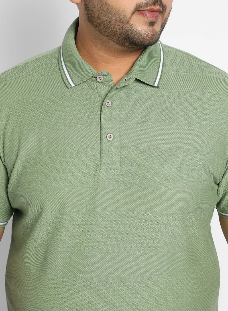 Instafab Plus Instafab Plus Men's Green Self-Design Horizontal Striped T-Shirt For Casual Wear | Spread Collar | Short Sleeve | Half-Button Closure | Polycotton T-Shirt Crafted With Comfort Fit For Everyday Wear