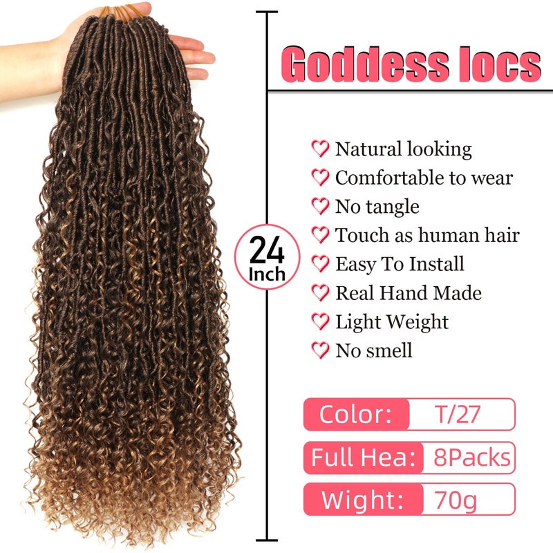 AMUMI Goddess Locs Crochet Hair-24 Inch 8 Packs Boho Faux Locs Crochet Hair for Black Women Pre Looped Soft Locs with Curly Ends (T27, 24 Inch(Pack of 8)) - Image 2